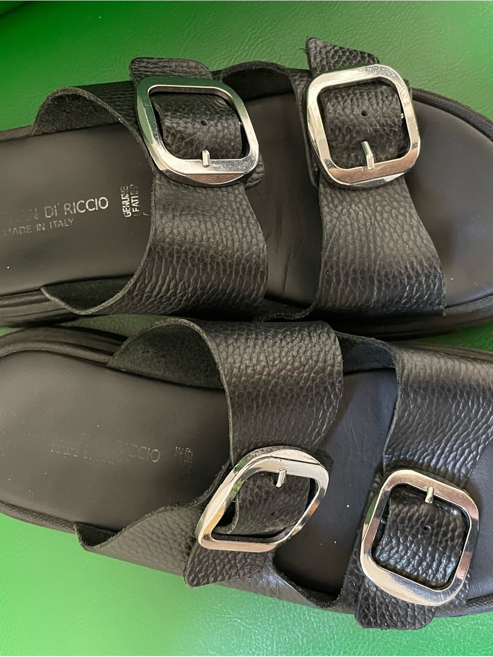 REAL Black Double-Buckle Leather Slide Sandals - Picture 2 of 5